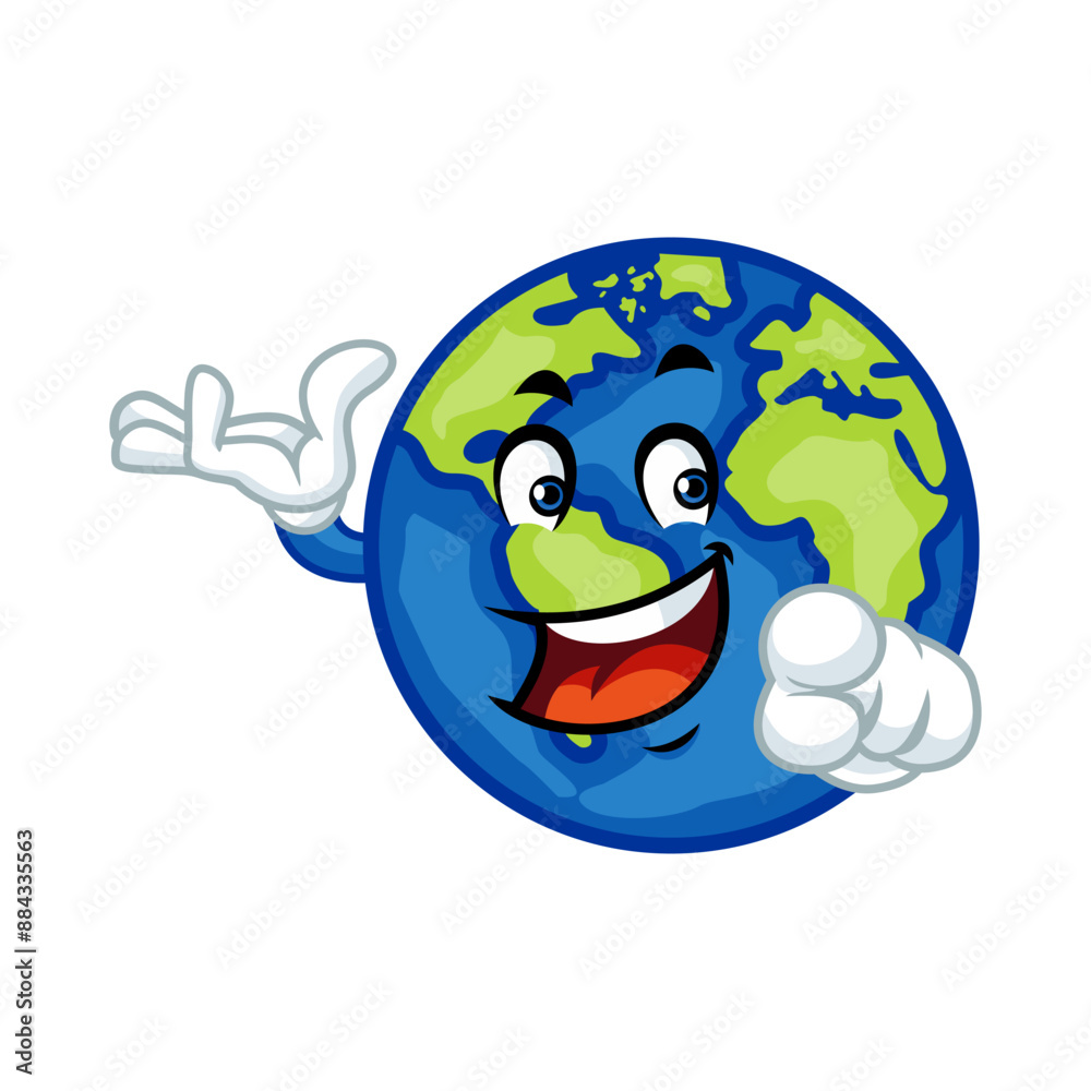 Obraz premium Happy cartoon Earth mascot presenting and pointing, perfect for environmental campaigns.