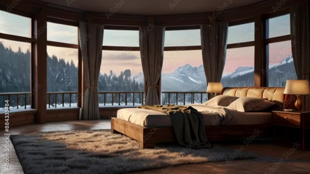 modern luxury bedroom with several large windows with curtains tied so that some mountains can be seen during the winter modern luxury bedroom with several large windows with curtains tied so that some mountains can be seen during the winter