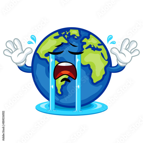 Sad cartoon Earth cries, symbolizing environmental issues like climate change and pollution.