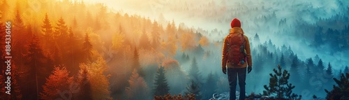 Hiker exploring breathtaking landscape close up, focus on, copy space with vivid tones, double exposure silhouette with forest trails photo