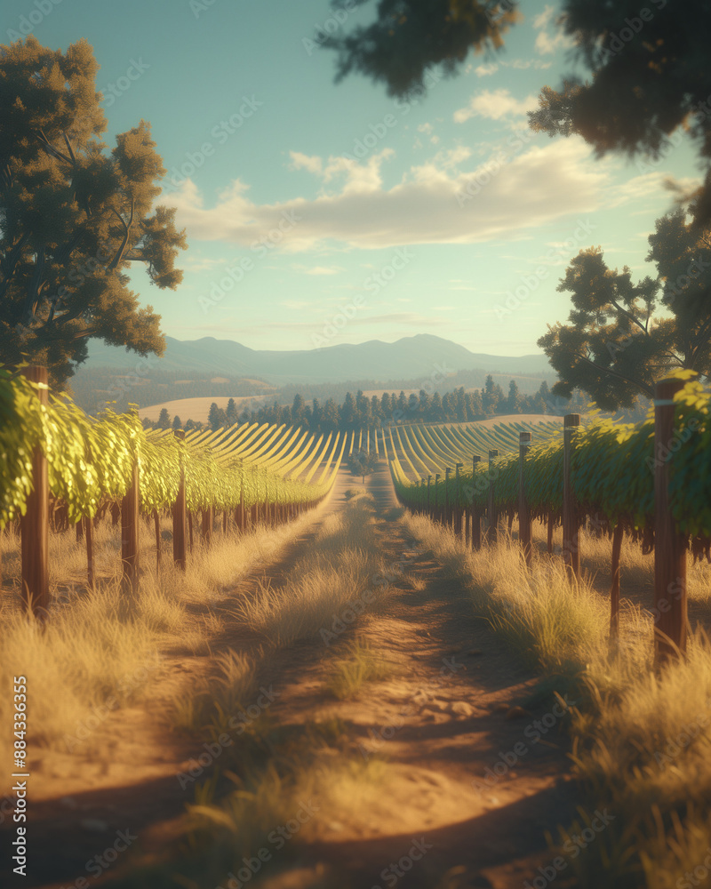Obraz premium peaceful vineyard at sunset with rows of grapevines stretching towards the horizon under a golden sky