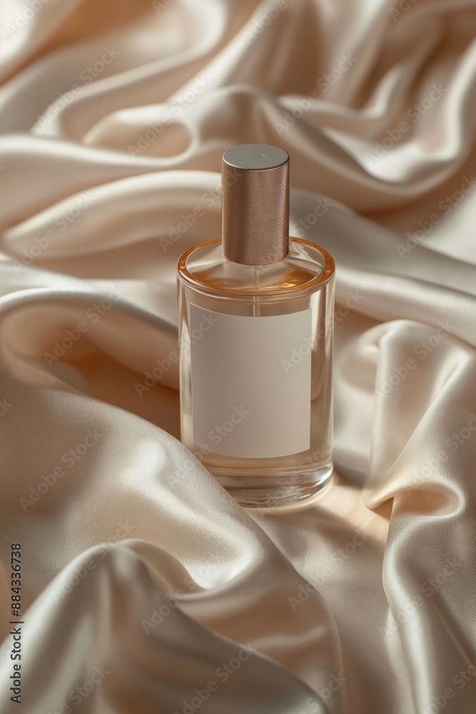 A round perfume bottle with a blank label resting on luxurious satin fabric, representing premium fragrance and elegance. Perfect for beauty and luxury-themed projects. A round perfume bottle with a blank label resting on luxurious satin fabric, representing premium fragrance and elegance. Perfect for beauty and luxury-themed projects.