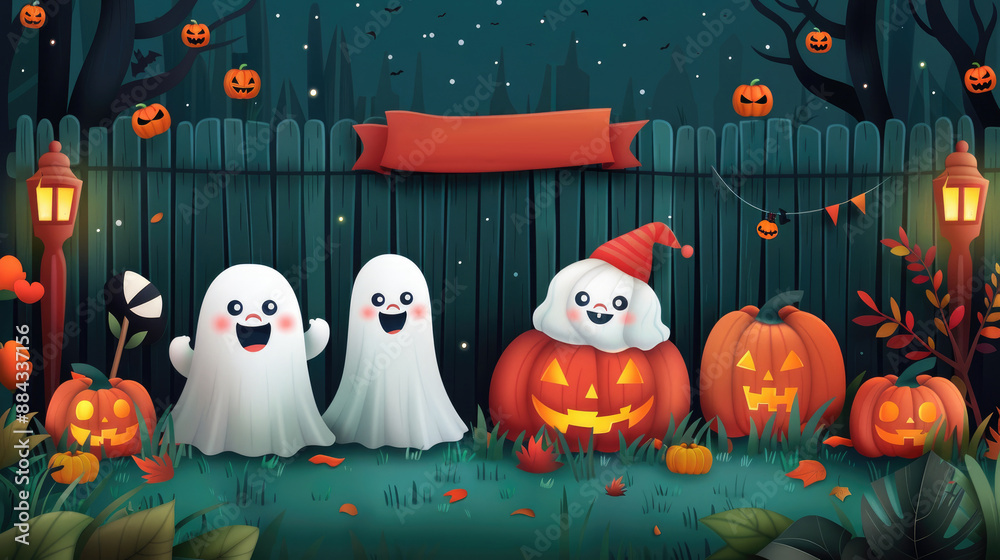Obraz premium Friendly ghosts in pumpkin patch for Halloween fun, flat design concept.