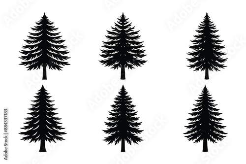 High-quality pine tree silhouette vector art bundle on white background, perfect for digital projects.