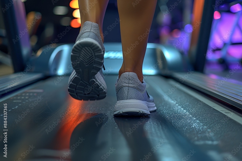 Fototapeta premium Close-Up of In-Focus Leg Running on Gym Treadmill