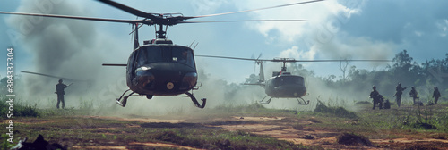 helicopter landing in Vietnam, vintage war photography