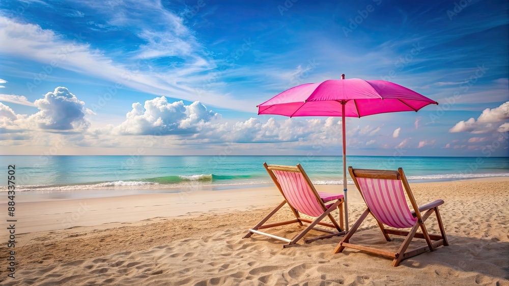 Fototapeta premium Pink beach chairs and a beach umbrella set up on a sandy beach, pink, beach chairs, beach umbrella, sand, relaxation, vacation