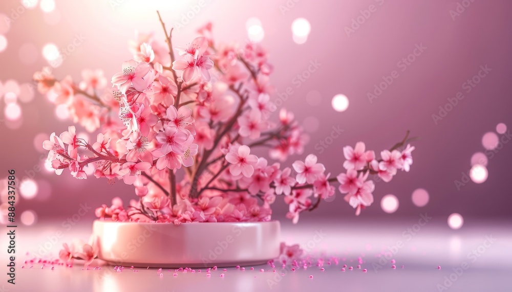 Fototapeta premium 3D pastel cherry blossom podium with an elegant floral essence bottle, lavender background, warm spotlight