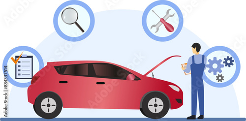 car technical inspection vector illustration, car mechanic repair, diagnostic and analysis car faults in checklist paper