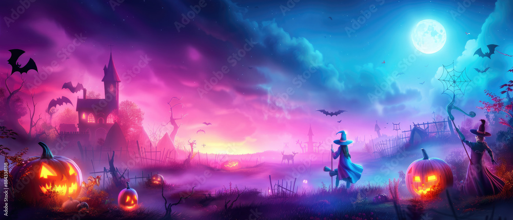 Flat design witches on broomsticks at Halloween parade with eerie atmosphere Flat design witches on broomsticks at Halloween parade with eerie atmosphere