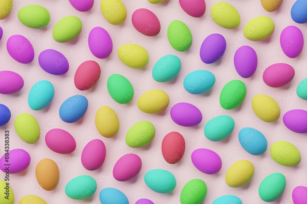 Many colorful eggs on pink background. Top flat view, ordered. 3d render, illustration Many colorful eggs on pink background. Top flat view, ordered. 3d render, illustration