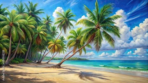 Fototapeta Naklejka Na Ścianę i Meble -  Oil painting of palm trees on a tropical beach , palm trees, beach, oil painting, canvas, tropical, art, sunset, ocean