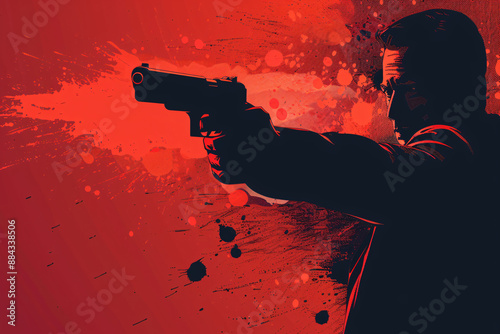 A dark red silhouette of a gunman aiming a pistol with a splattered red background adding to the intensity