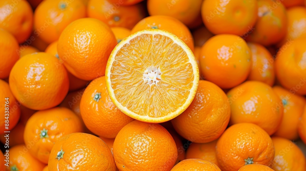 cut orange on top of a pile of whole oranges cut orange on top of a pile of whole oranges