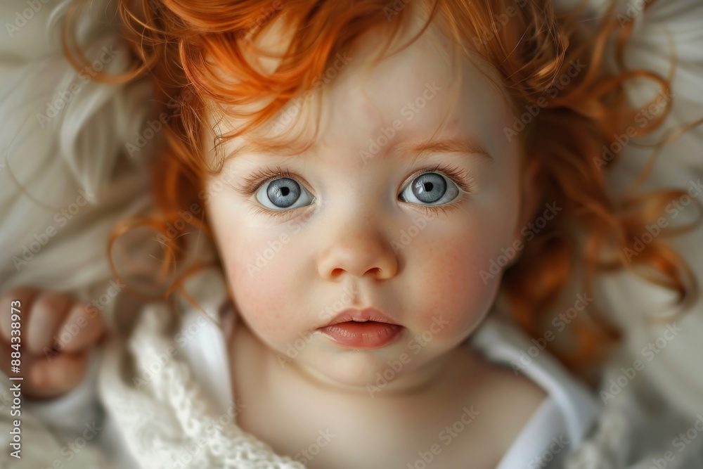 Captivating portrait of a baby with bright blue eyes and curly red hair, showcasing innocence and curiosity in a cozy indoor setting during daylight Captivating portrait of a baby with bright blue eyes and curly red hair, showcasing innocence and curiosity in a cozy indoor setting during daylight