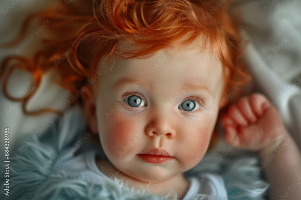 Cute baby with striking blue eyes and curly red hair lying on soft bedding, capturing a moment of curiosity and innocence during daytime Cute baby with striking blue eyes and curly red hair lying on soft bedding, capturing a moment of curiosity and innocence during daytime