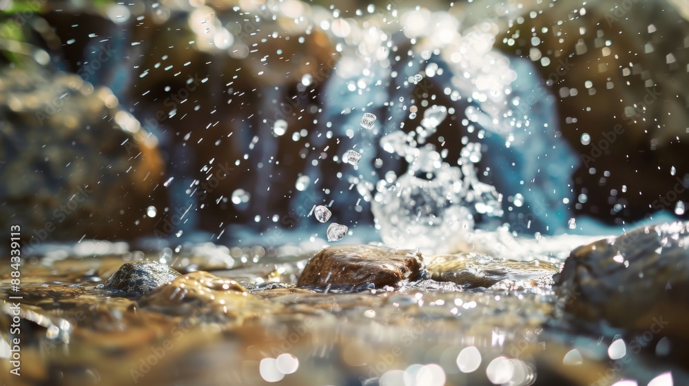 Captivating droplets dance in sunlight at a serene waterfall amidst smooth stones in a lush forest setting Captivating droplets dance in sunlight at a serene waterfall amidst smooth stones in a lush forest setting