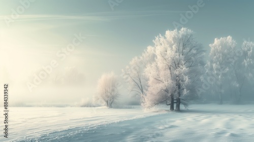 a magical winter landscape with a soft focus effect, where snow-covered trees and fields blend into a soft, dreamy white. 