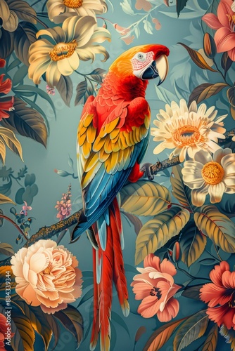 Brightly colored parrot perched among vibrant tropical flowers in a lush botanical setting photo