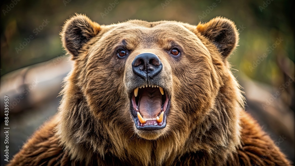 Obraz premium Grizzly bear in aggressive attack stance with open mouth and raised claws, wildlife, nature, danger, predator