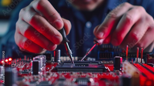 A close-up of hands working meticulously on a red circuit board, using precise tools and equipment to make specific adjustments and connections.