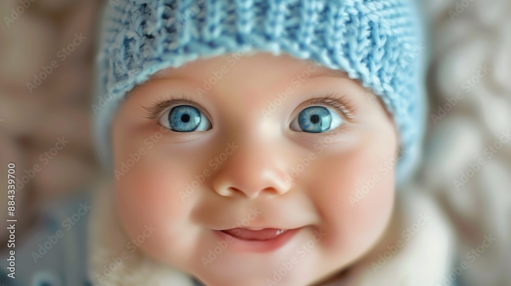 Smiling baby with bright blue eyes wearing a knitted blue hat on a cozy blanket at home during morning light Smiling baby with bright blue eyes wearing a knitted blue hat on a cozy blanket at home during morning light