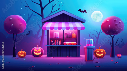 Spooky carnival scene with phantom candy seller in flat design. photo