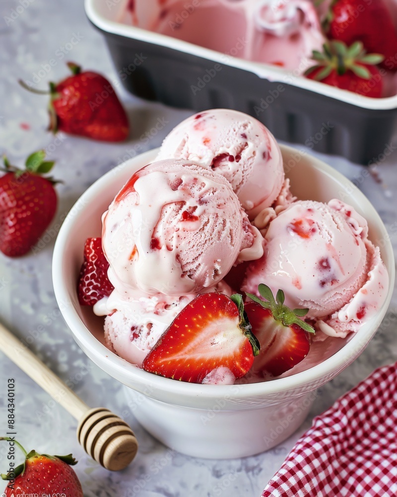 Delicious strawberry ice cream served in a bowl with fresh strawberries and a honey dipper on a checked napkin Delicious strawberry ice cream served in a bowl with fresh strawberries and a honey dipper on a checked napkin