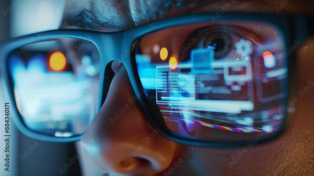 Close-up of a person wearing glasses, focused on programming and coding on a computer screen illuminated by colorful lights in a dark environment Close-up of a person wearing glasses, focused on programming and coding on a computer screen illuminated by colorful lights in a dark environment