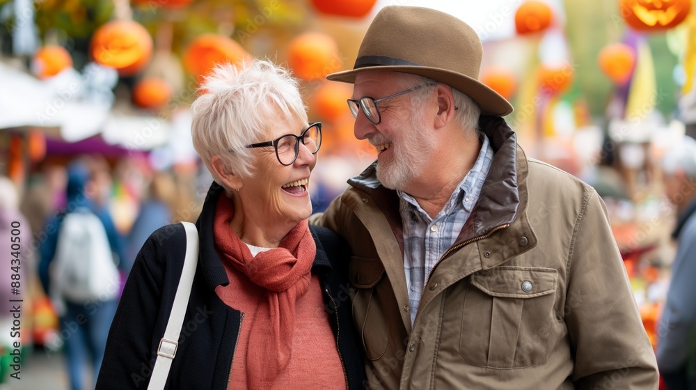 Senior Couple Enjoying Festive Halloween Market Stroll Among Spooky Decor Senior Couple Enjoying Festive Halloween Market Stroll Among Spooky Decor