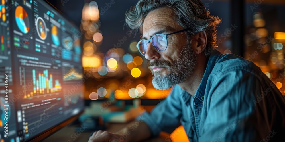 Professional man analyzing data on a computer screen in a modern office during nighttime in a city setting surrounded by bright lights Professional man analyzing data on a computer screen in a modern office during nighttime in a city setting surrounded by bright lights