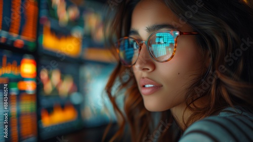 Young woman with glasses studying financial data on multiple screens in a modern workspace during the evening