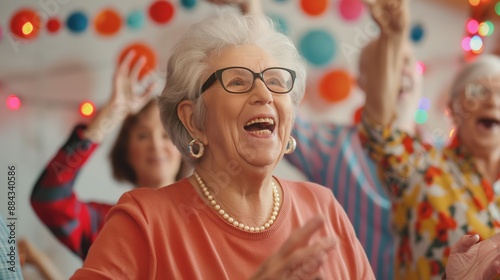 Cheerful Elderly Friends Enjoying Halloween Karaoke Night Amid Festive Decorations