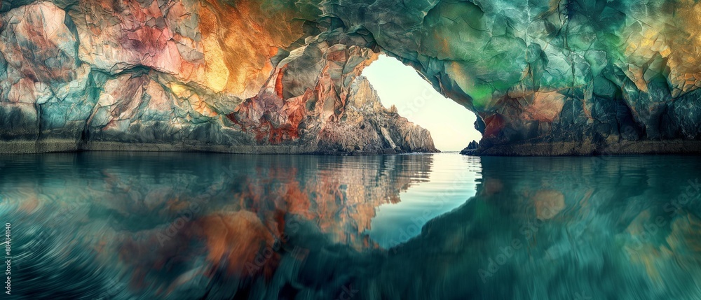 AI generator image of cave in the middle of the water, cave in the middle of the sea with bright colors Very colorful and has a beautiful reflection on the water AI generator image of cave in the middle of the water, cave in the middle of the sea with bright colors Very colorful and has a beautiful reflection on the water