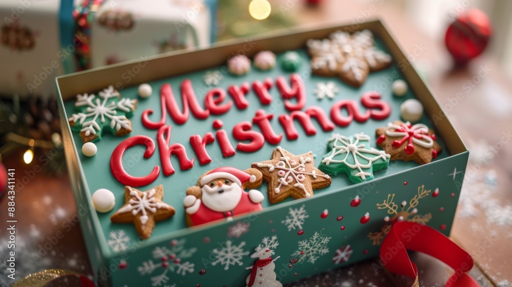 Obraz premium Festive cookies decorated with Merry Christmas message and holiday-themed designs placed in a colorful gift box during the festive season