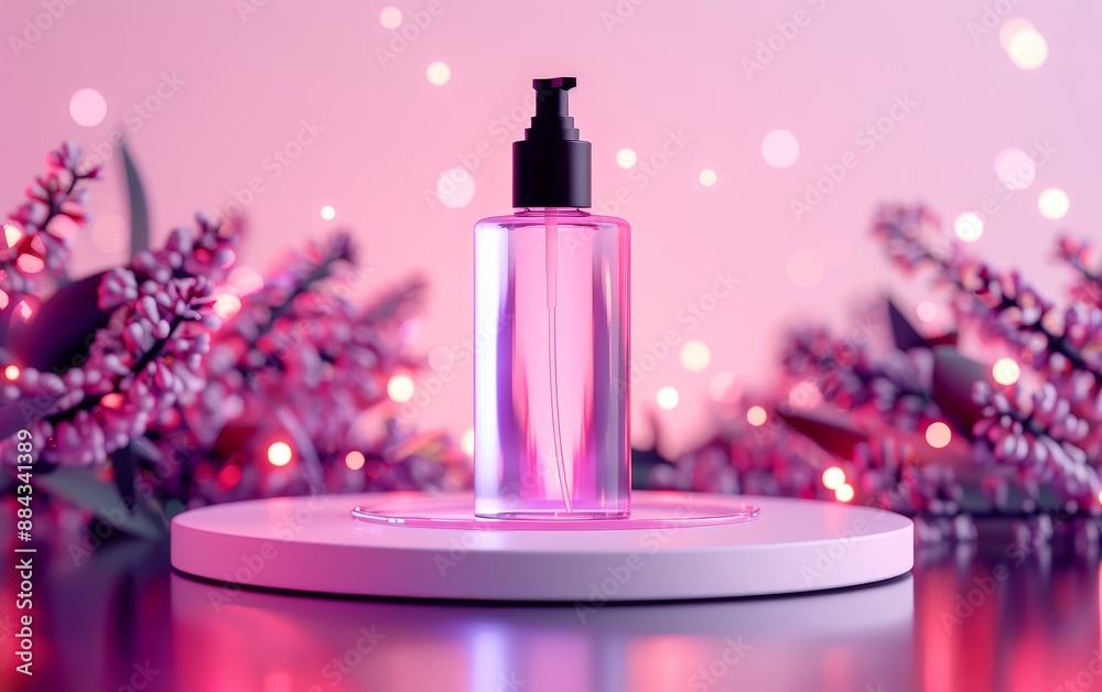 3D pastel lavender podium with a chic hydration mist bottle, peach background, soft lighting 3D pastel lavender podium with a chic hydration mist bottle, peach background, soft lighting