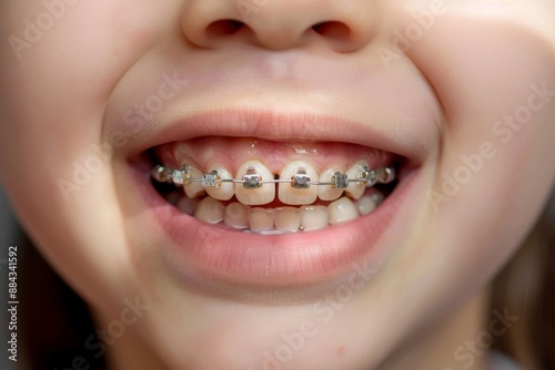 Frontal view of a little child mouth with braces