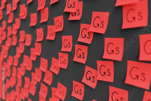 Photos Many red stickers on black board background with symbol of Paraguay guarani drawn on them