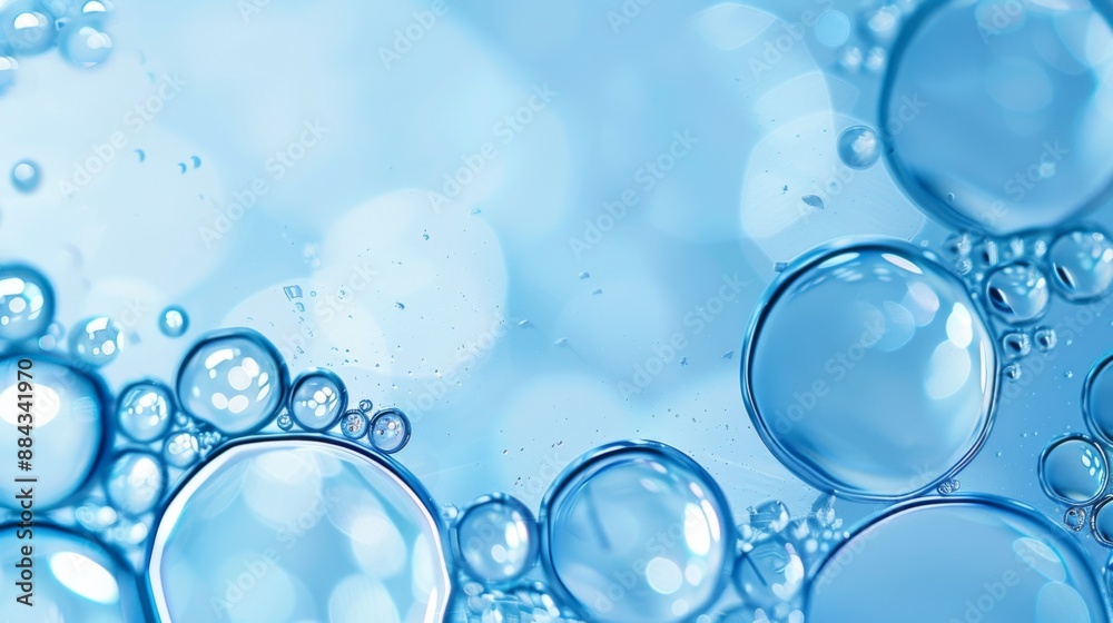 Close up of blue light translucent bubbles on the water in a light sky blue tone. 