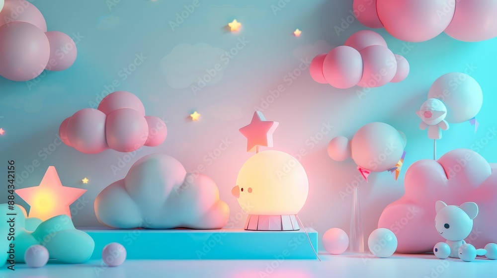 Night Lamp flat design, front view, kid's room theme, 3D render, colored pastel Night Lamp flat design, front view, kid's room theme, 3D render, colored pastel