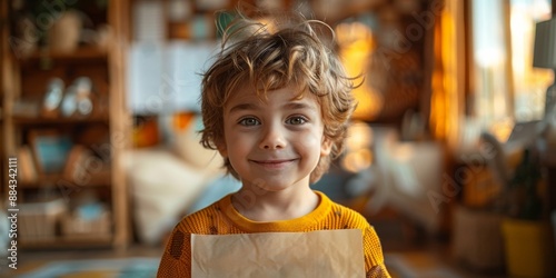 Child with curly hair smiling while holding a piece of paper in a cozy, sunlit room filled with books and plants during the afternoon