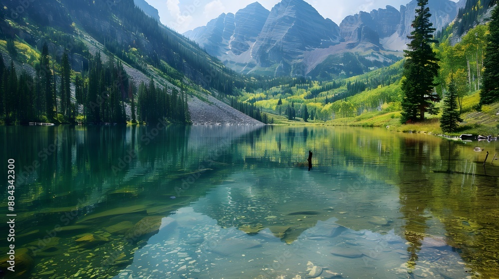 Naklejka premium Tranquil lake with crystal-clear water reflecting surrounding trees and mountains, providing a calming and peaceful scene.