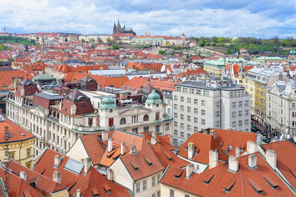 Obraz premium View over Prague city red roofs and Castle, Prague, Czech Republic