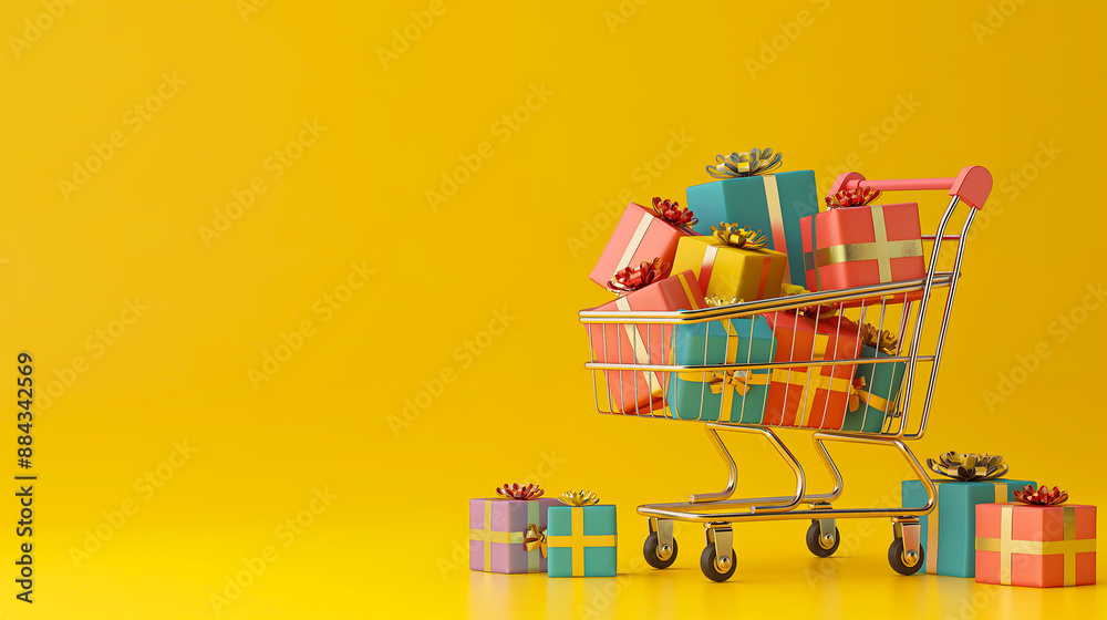 Fototapeta premium The shopping cart is filled with colorful gift boxes, on yellow background