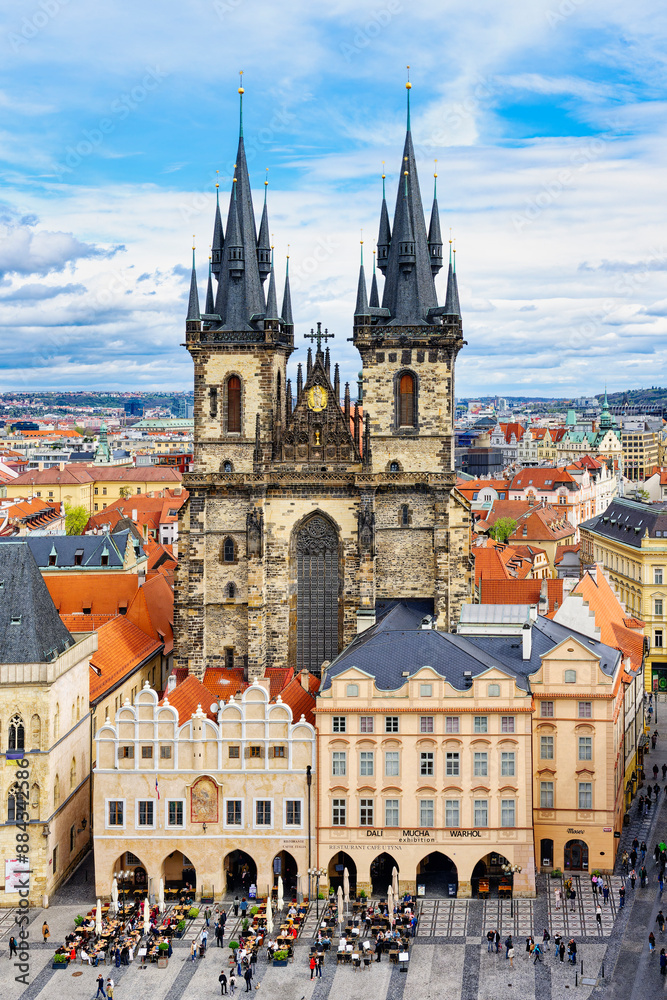 Fototapeta premium Mother of God before Tyn Church during a popular festival, Old Town Square, Prague, Bohemia, Czech Republic