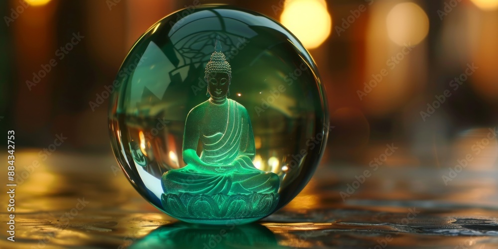 Buddha figurine encased in a transparent sphere glowing with calming light in a serene environment Buddha figurine encased in a transparent sphere glowing with calming light in a serene environment