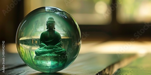 Buddha statue encased in a green glass orb reflecting serene tranquility in a meditative setting surrounded by natural light photo