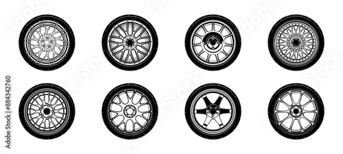 Car wheels vector set. Shiny steel rims and tires collection.