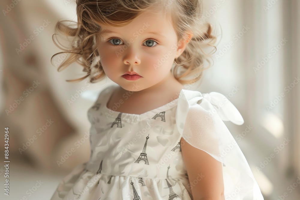 Toddler in a white dress with a pattern of Eiffel Towers and bows. simple, beautiful Toddler in a white dress with a pattern of Eiffel Towers and bows. simple, beautiful