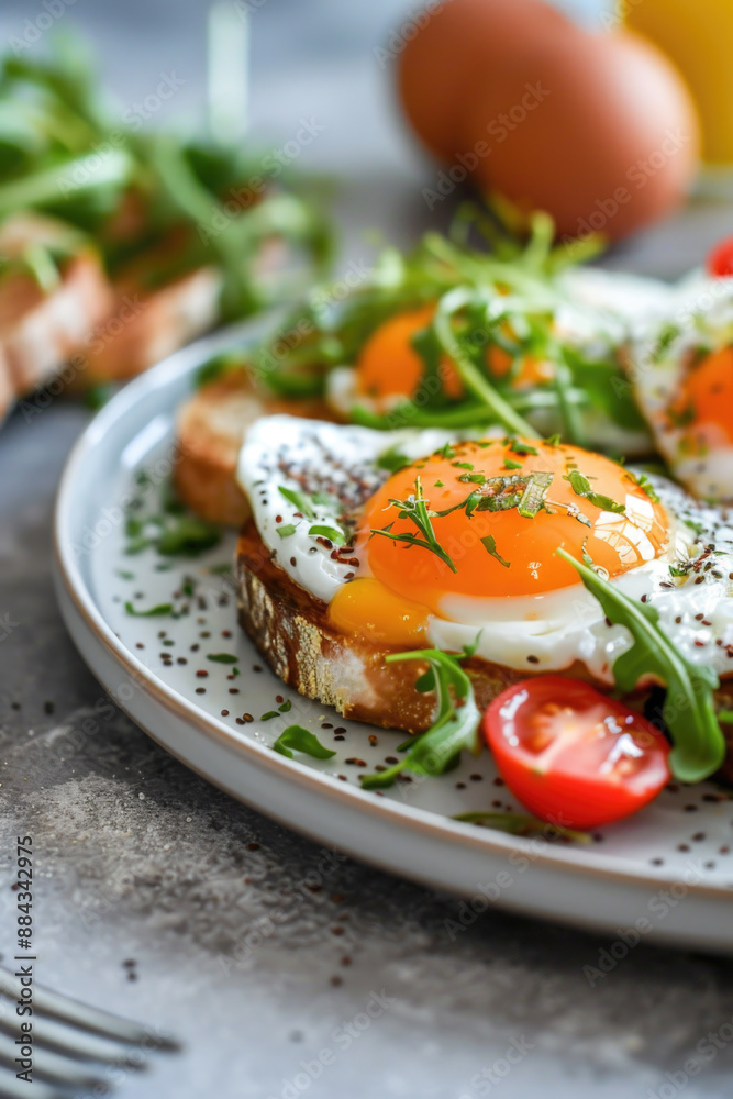 Egg sandwiches for healthy breakfast. Whole grain toasts with fried eggs and organic microgreens on plate Egg sandwiches for healthy breakfast. Whole grain toasts with fried eggs and organic microgreens on plate
